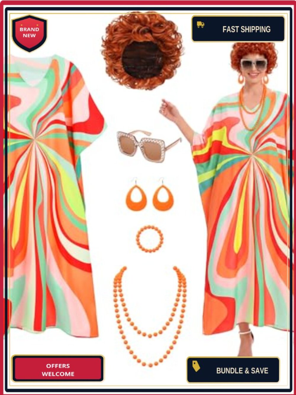 6Pc Women's Halloween Landlady Costume Set Cosplay Retro 70s